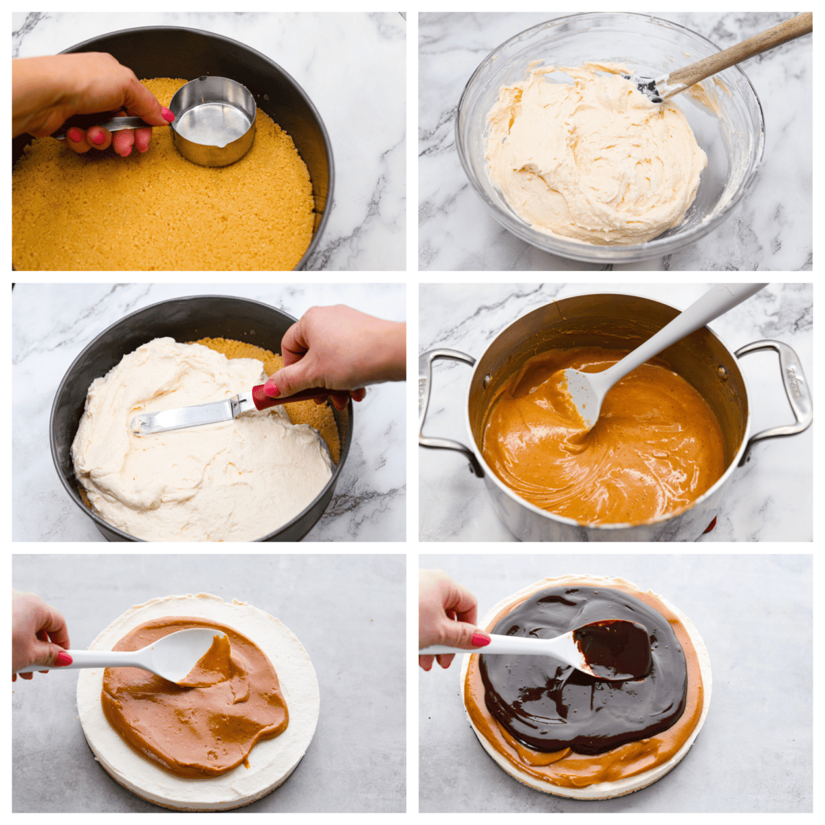 4-photo collage of the cheesecake, caramel, and chocolate ganache layers  being added to a springform pan.