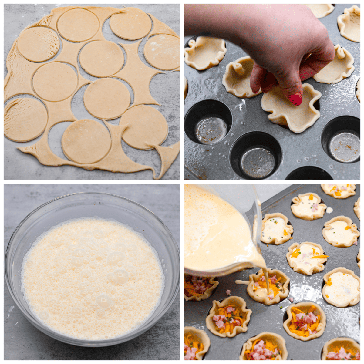 4-photo collage of the quiche crust and filling being added to a mini muffin tin.