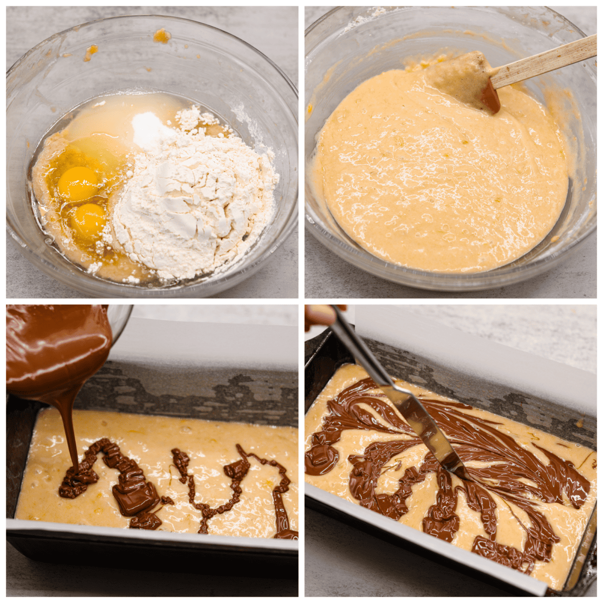 4-photo collage of the zucchini bread batter being prepared.