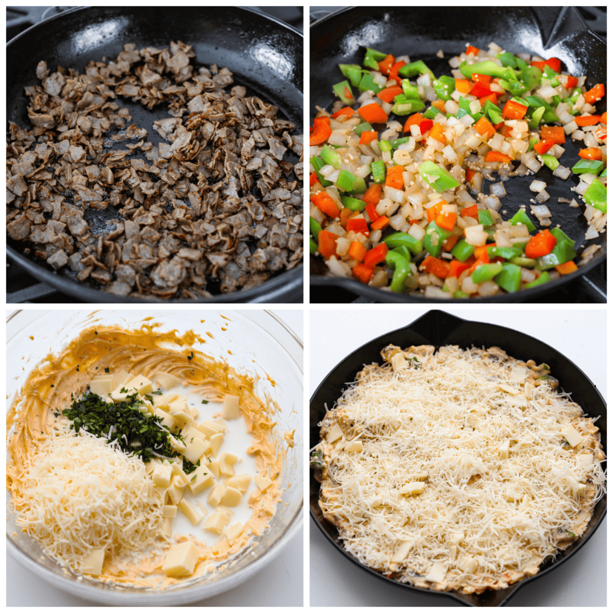 4-photo collage of all of the dip ingredients being added to a baking dish.