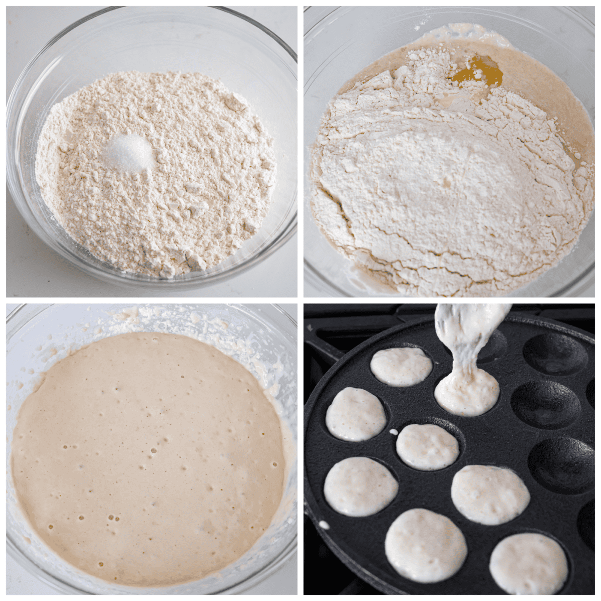 4-photo collage of the pancake dough being prepared and poured into a pan.