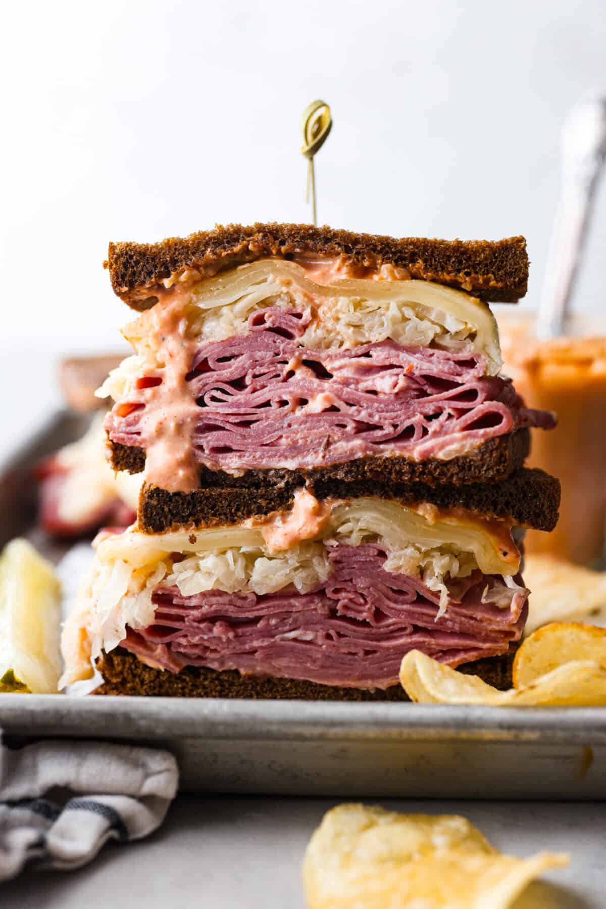 2 reuben sandwich slices, stacked on top of each other.