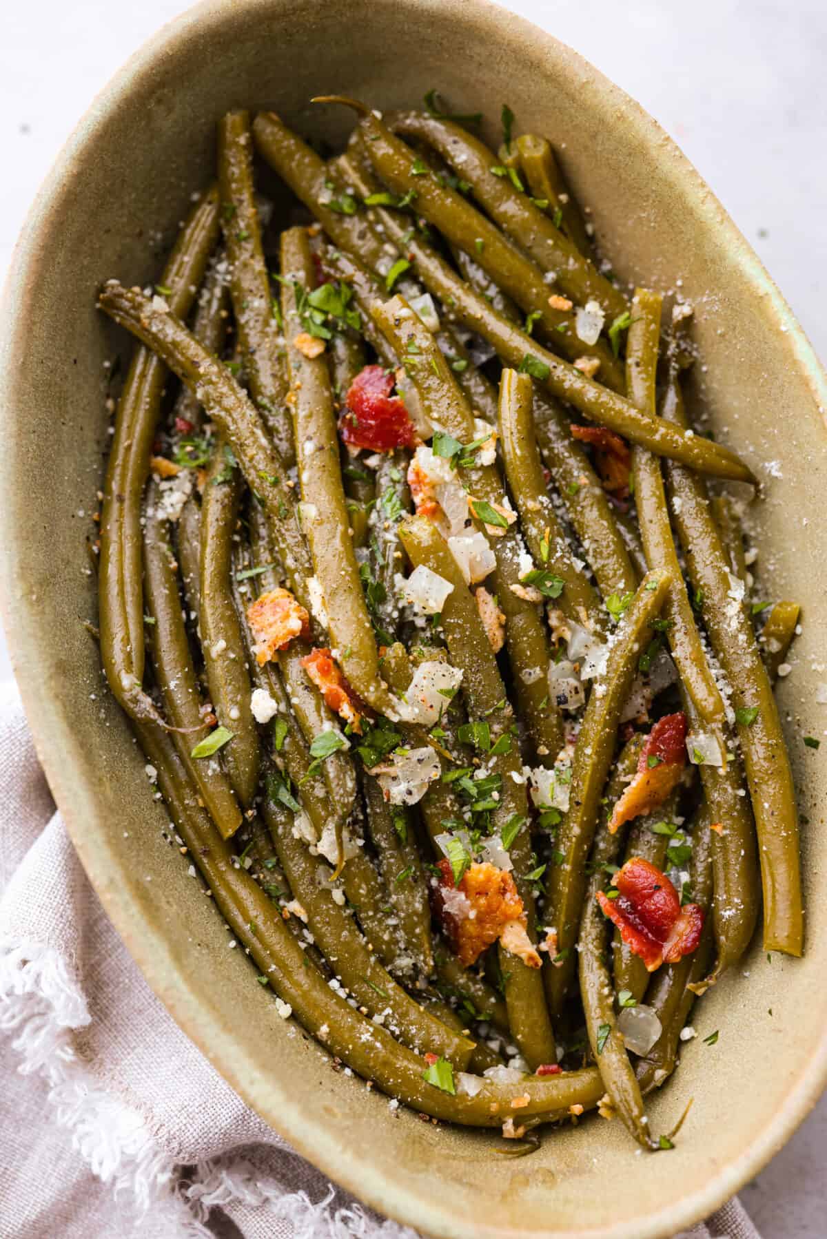 Crockpot green beans in a serving dish.