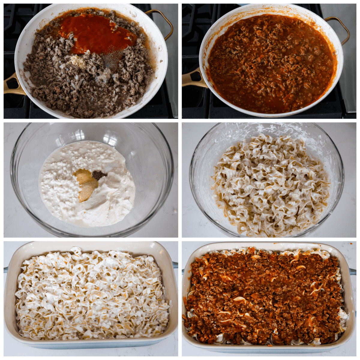 6-photo collage of the beef mixture being prepared it being added to a casserole dish along with the pasta and sauces.