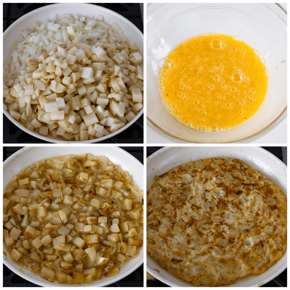 First photo of onions and potatoes cooking in a skillet. Second photo of the eggs whisked together in a bowl. Third photo of the eggs added to the skillet of onions and potatoes. Fourth photo of the tortilla flipped over in the skillet.
