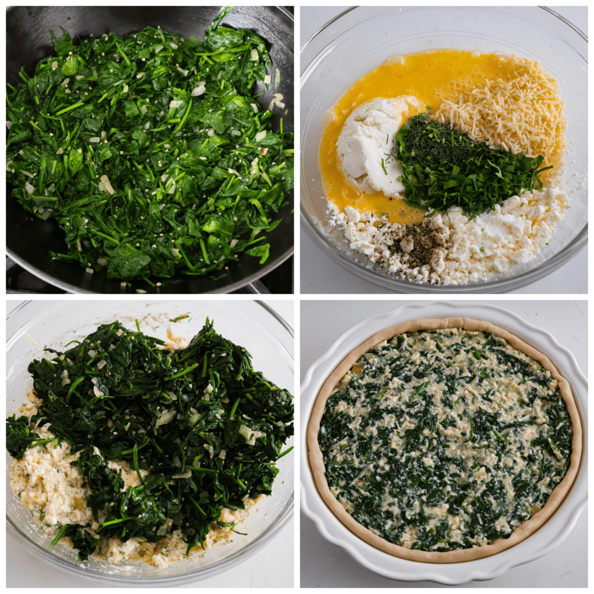 First photo of the spinach, onion, and garlic sauteed in a pan. Second photo of the egg and cheese ingredients in a bowl. Third photo of the spinach mixture added to the cheese mixture. Fourth photo of the filling added to the pie dish.