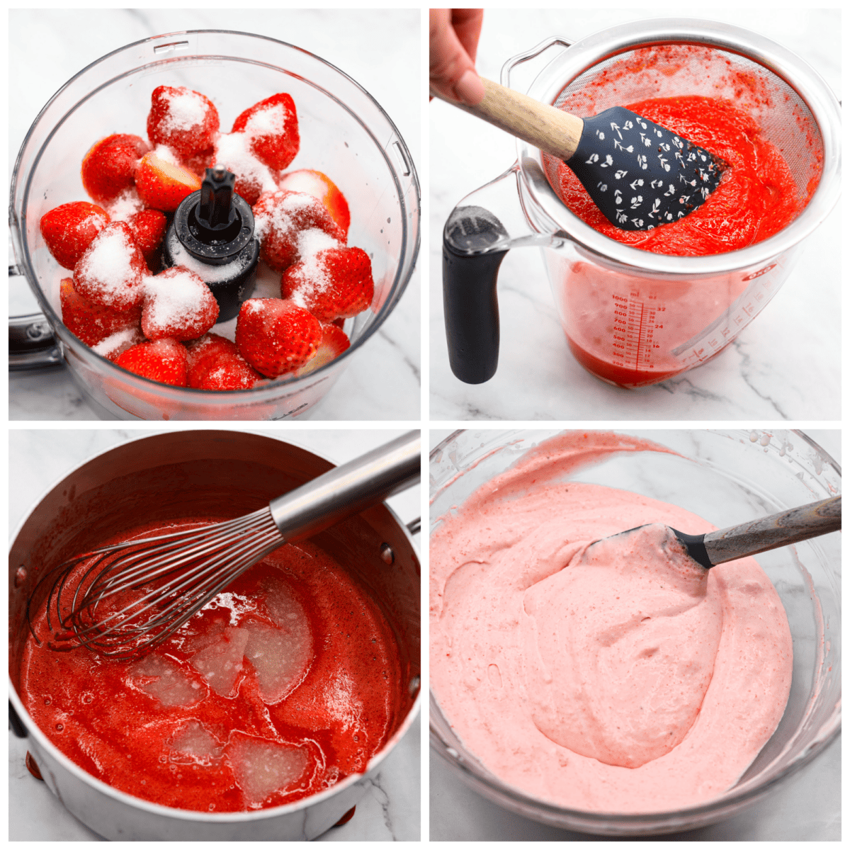 4-photo collage of the strawberry mixture being blended and whipped into a mousse.