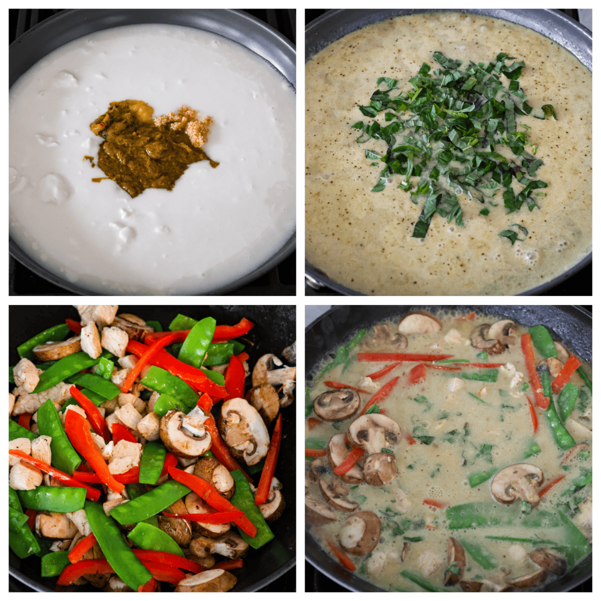 Homemade Thai Green Curry delivers a punch of flavor with its aromatic curry paste, creamy coconut milk, and tender chicken, making it a weeknight dinner you won't forget. 4-photo collage of the curry, chicken, and vegetables being prepared.