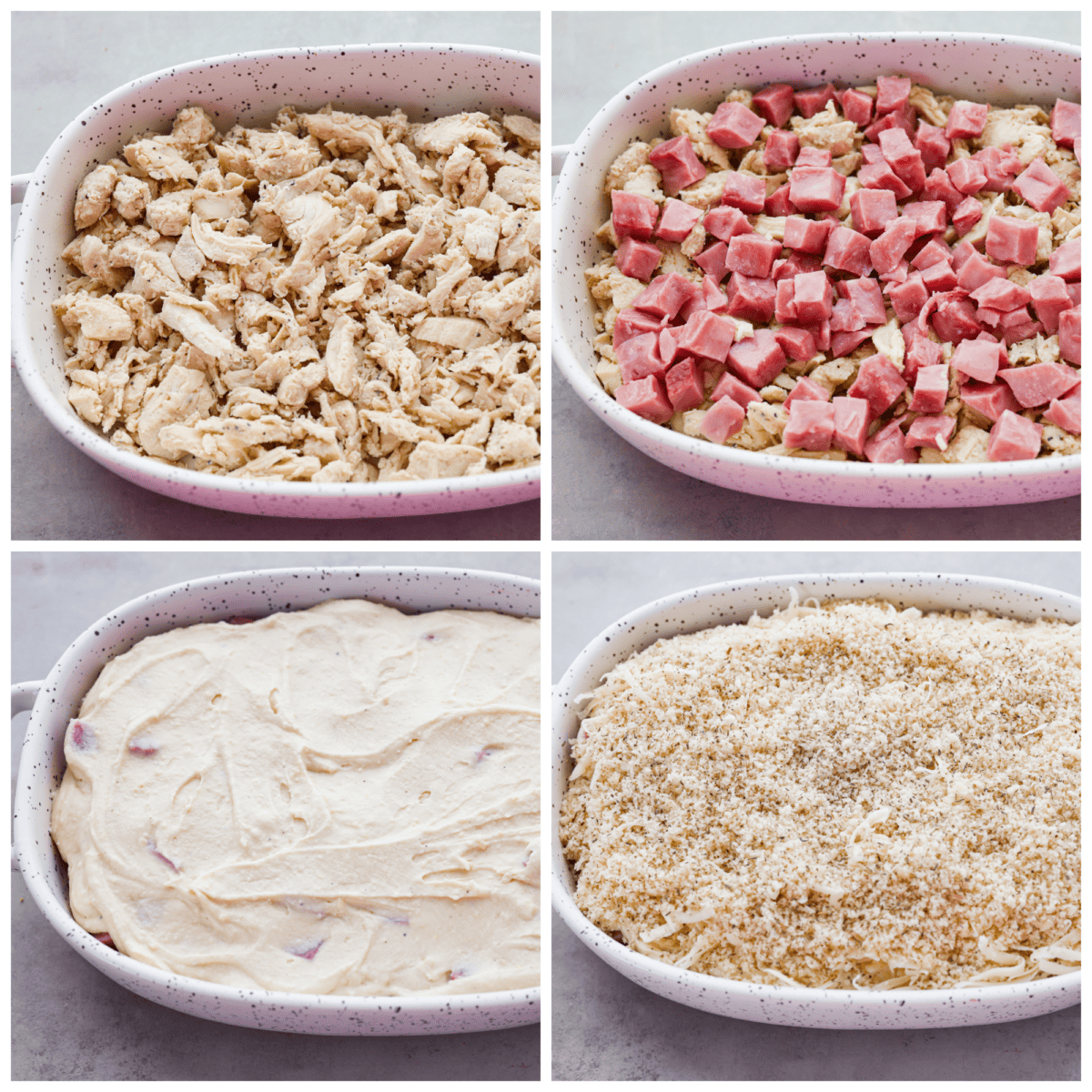4-photo collage of the chicken, ham, sauce, and breadcrumb coating being layered.