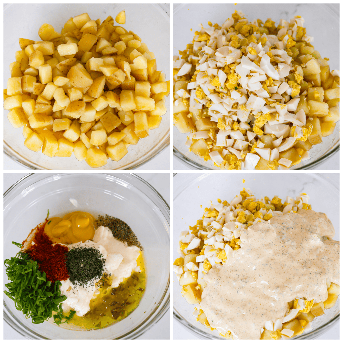 4-photo collage of the potatoes and hard boiled eggs being mixed together with the mayo dressing.