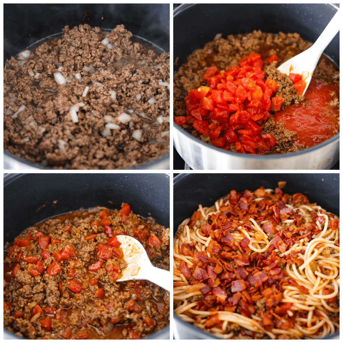 4-photo collage of the ground beef mixture being prepared and combined with the pasta.