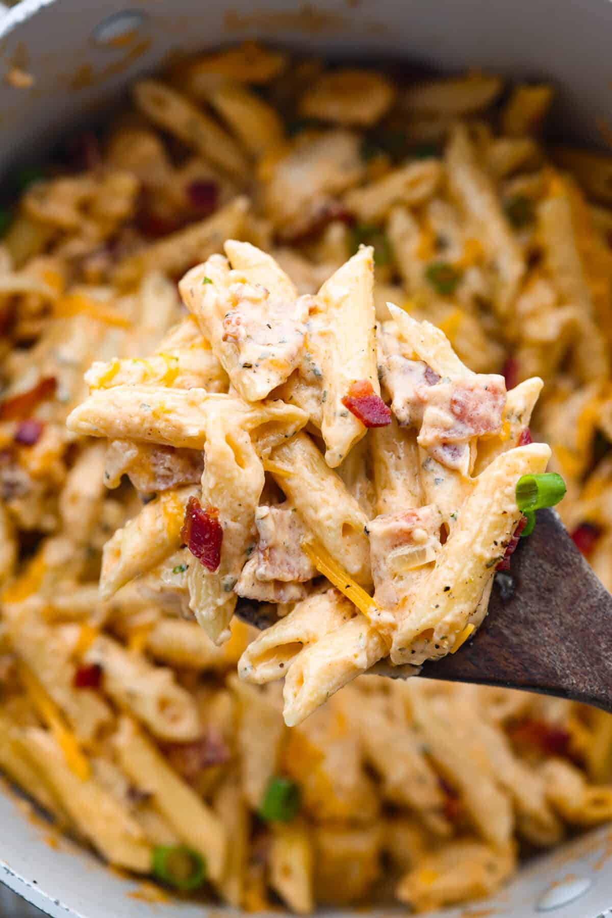Closeup of crack chicken pasta on a wooden spoon.