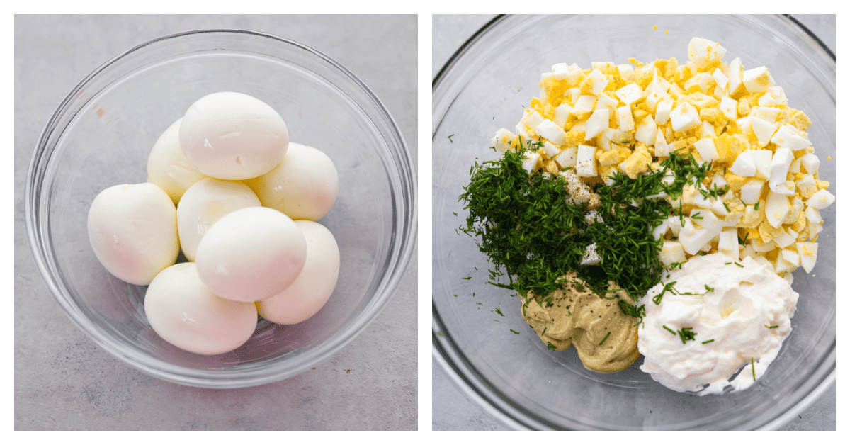 2-photo collage of the eggs in one bowl, and the salad ingredients in the other.