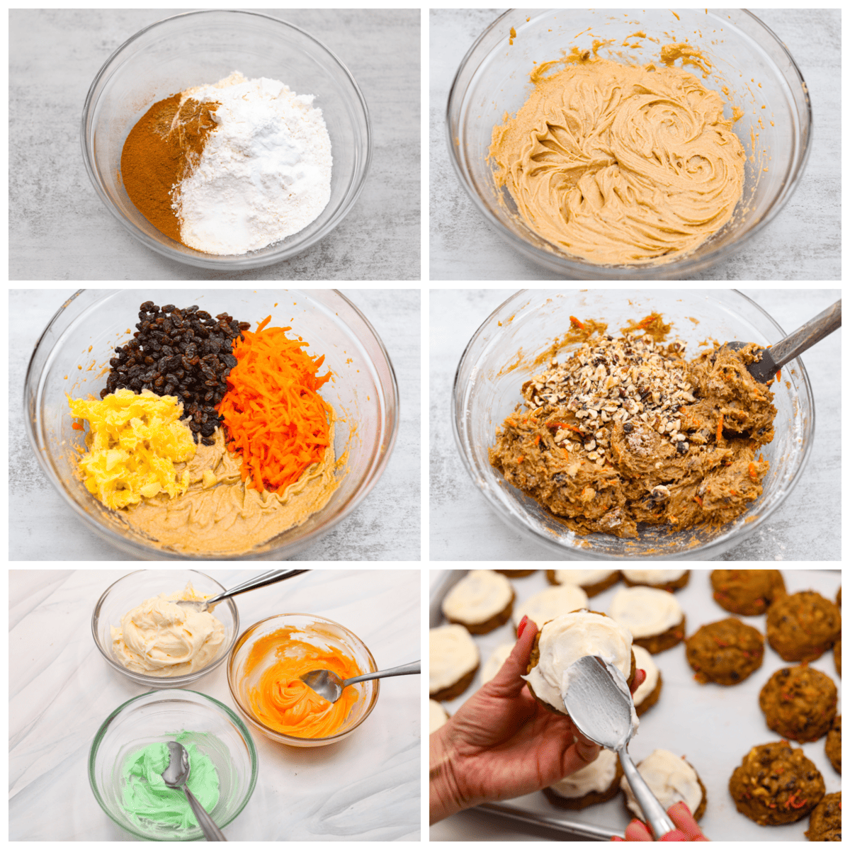 These frosted carrot cake cookies taste just like traditional carrot cake but in an easy-to-make cookie form! And it wouldn't be carrot cake without a generous amount of homemade cream cheese frosting on top. The perfect Spring dessert! 6-photo collage of the cookie dough and frostings being prepared.