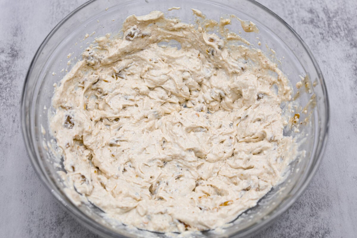 The cream cheese mixture in a glass bowl.