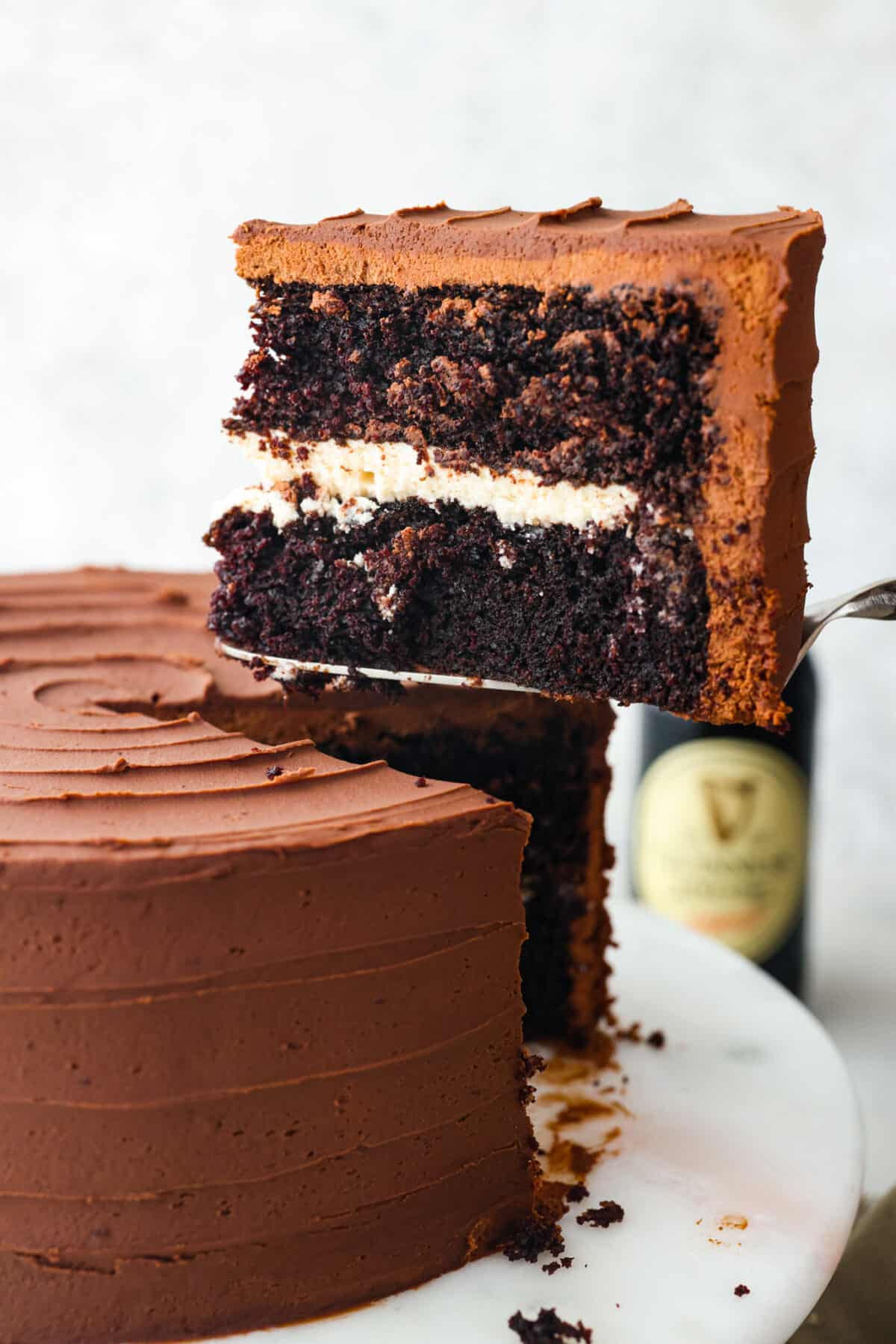 Serving a slice of Guinness chocolate cake.