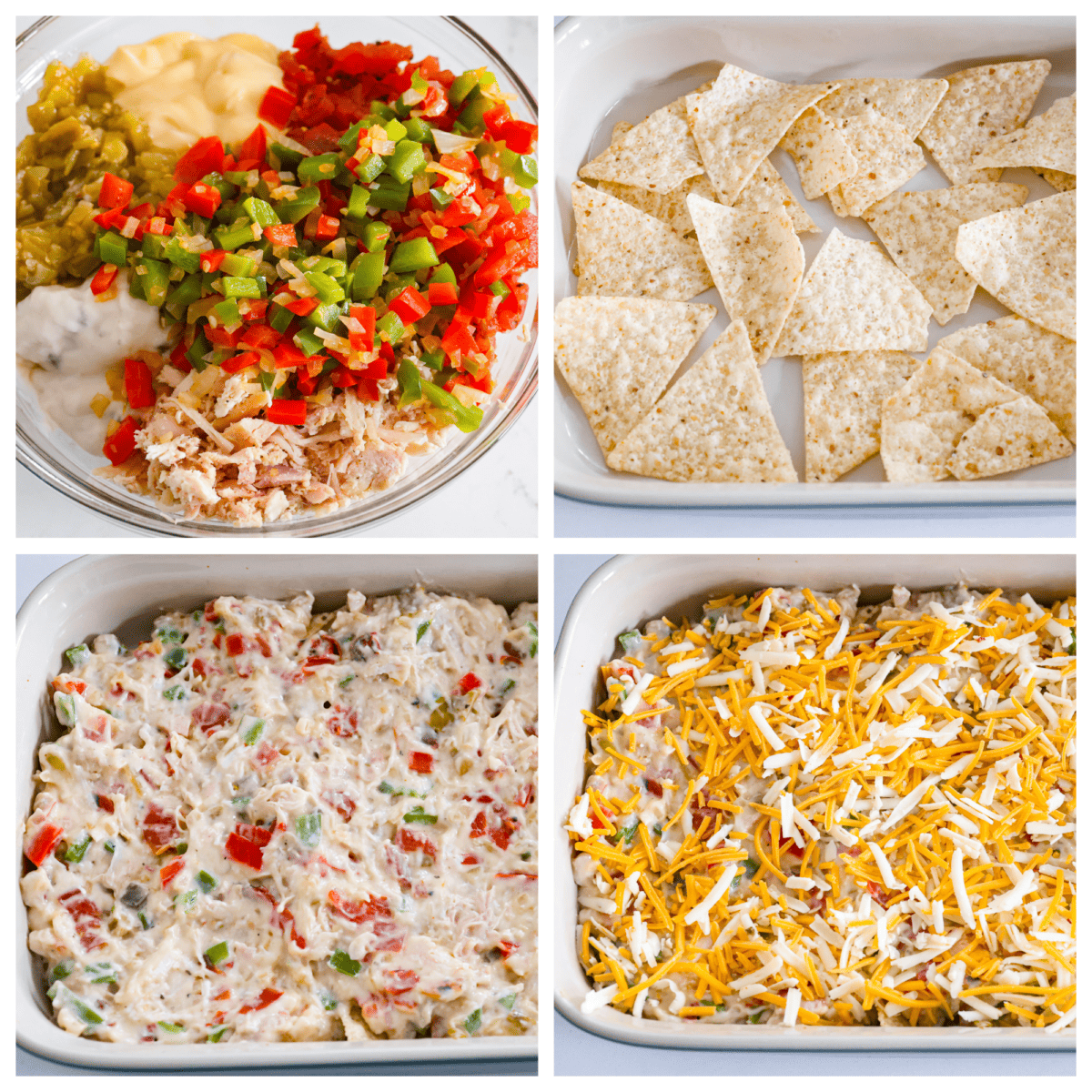 First photo of the creamy chicken mixture ingredients in a bowl. Second photo of the chips layered in a baking dish. Third photo of the creamy chicken mixture layered on top of the chips. Fourth photo of cheese sprinkled on top of the casserole.