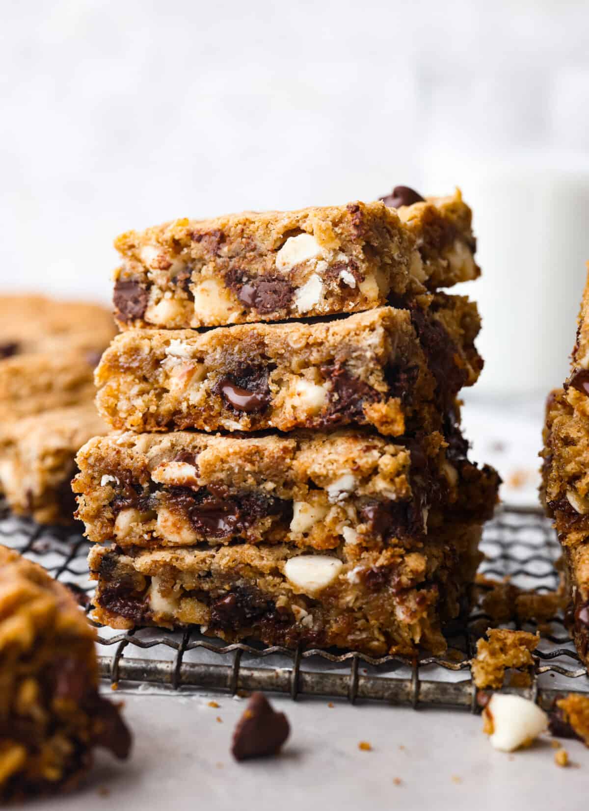4 marry me cookie bar slices stacked on top of each other.