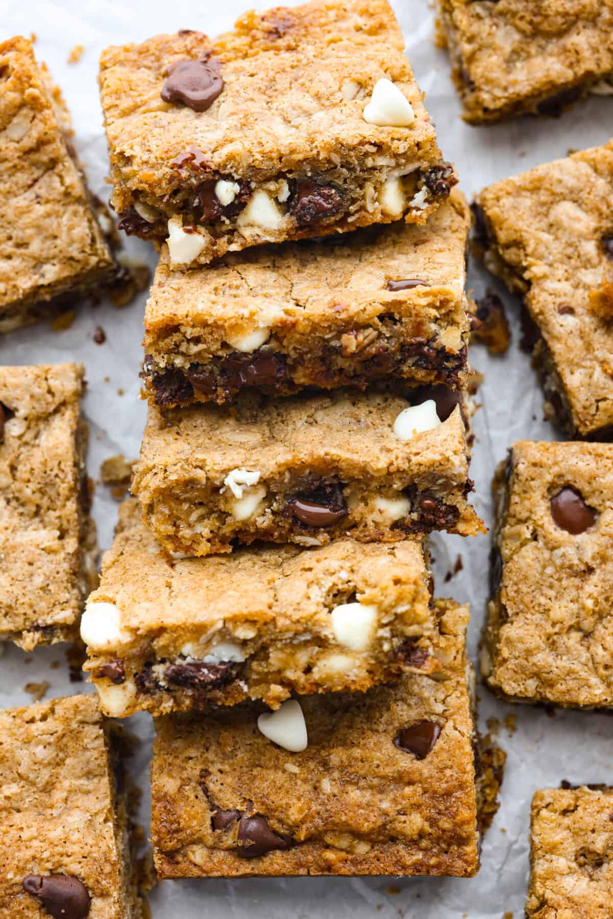 Top-down view of marry me cookie bars cut into squares.