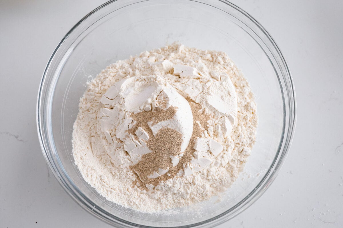 First process photo of dry ingredients in a bowl.