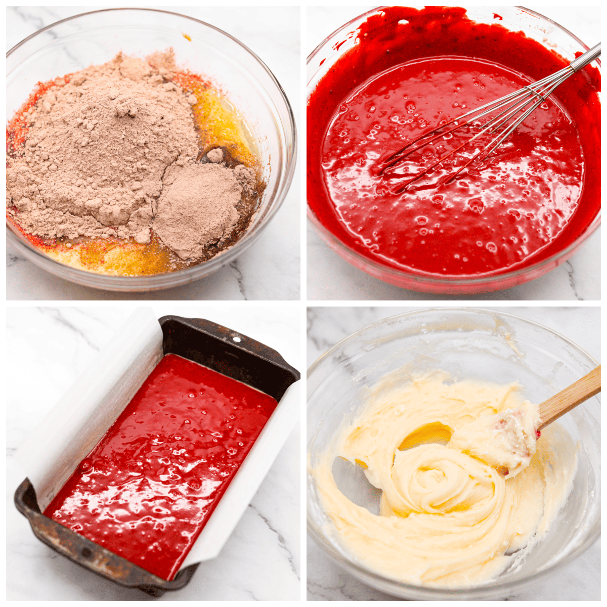 Let it come to room temperature on the counter before eating. First photo of the cake mix, pudding, and wet ingredients added to a large bowl. Second photo of the batter mixed with a whisk. Third photo of the batter in a loaf pan. Fourth photo of the cream cheese glaze.