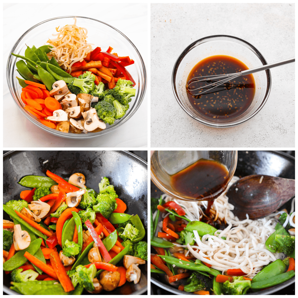 20-minute Vegetable Lo Mein is a super easy weeknight dish loaded with fresh, stir-fried veggies! 4-photo collage of the vegetables being prepared and combined with the sauce and noodles.