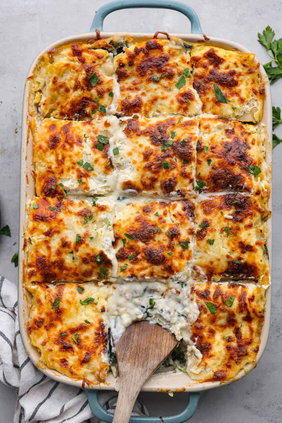 Top-down view of white lasagna cut into squares.