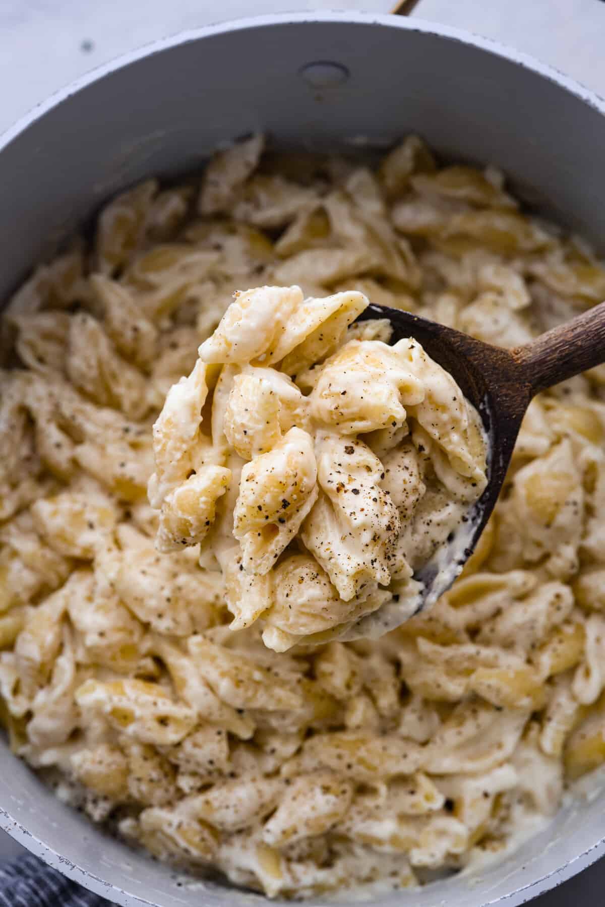 White Cheddar Mac and Cheese is super creamy and filled with rich, decadent flavor. This pasta recipe is the perfect comforting side dish for potlucks, holidays or even weeknight dinners! A scoop of white cheddar mac and cheese on a wooden spoon.