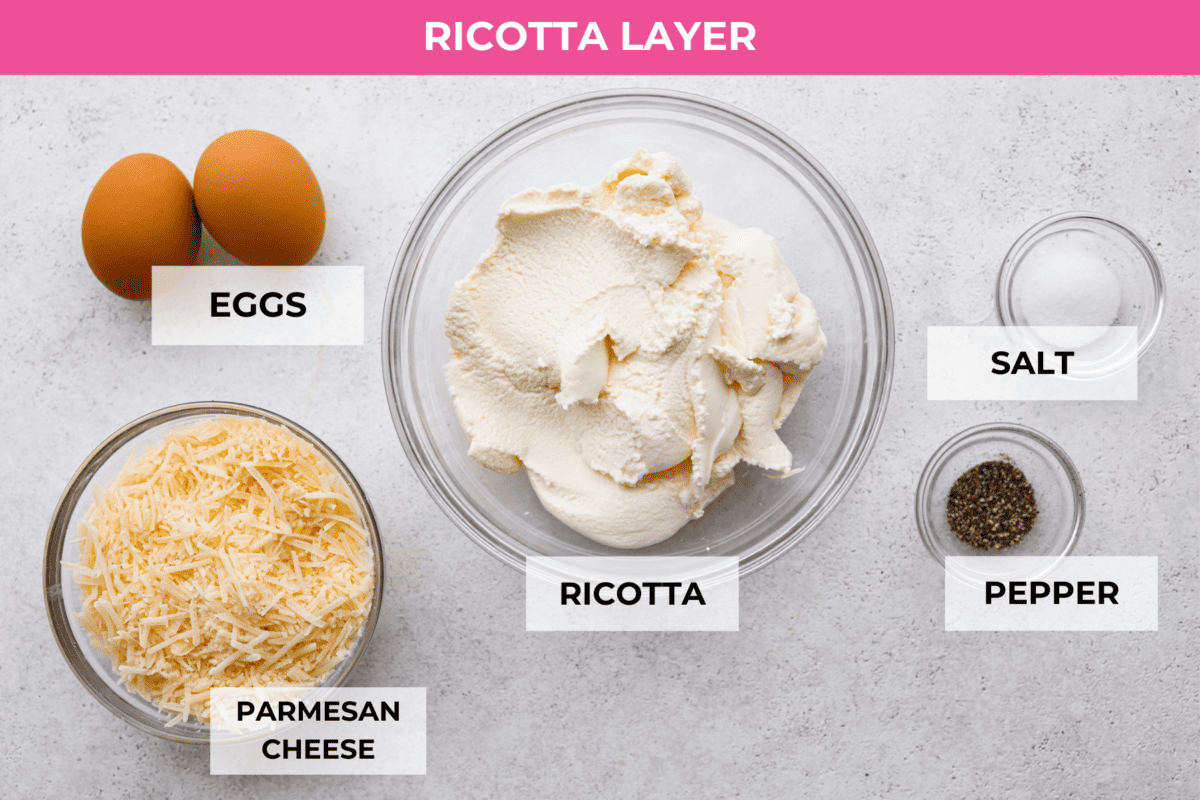 All of the ingredients for the ricotta layer in glass bowls.