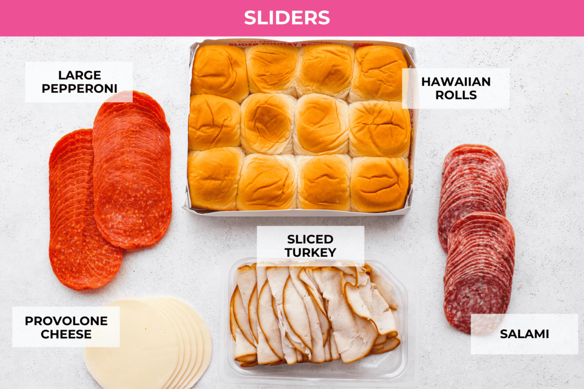 The slider ingredients- meat, cheese, and Hawaiian rolls.