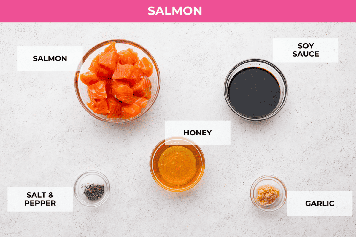 The honey glazed salmon ingredients. Listed are: salmon, salt and pepper, honey, soy sauce, and garlic.