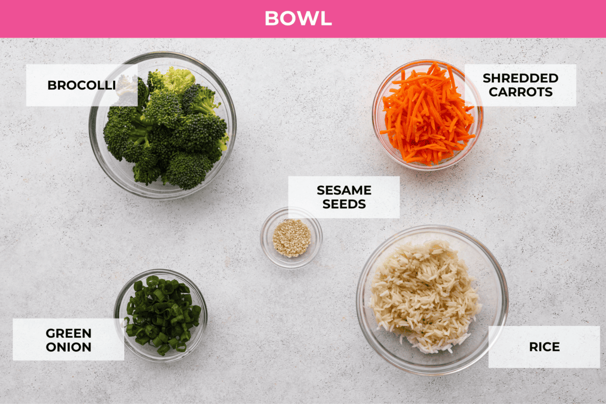 Ingredients to assemble the bowls with. Listed are: broccoli, shredded carrots, sesame seeds, green onion, and rice