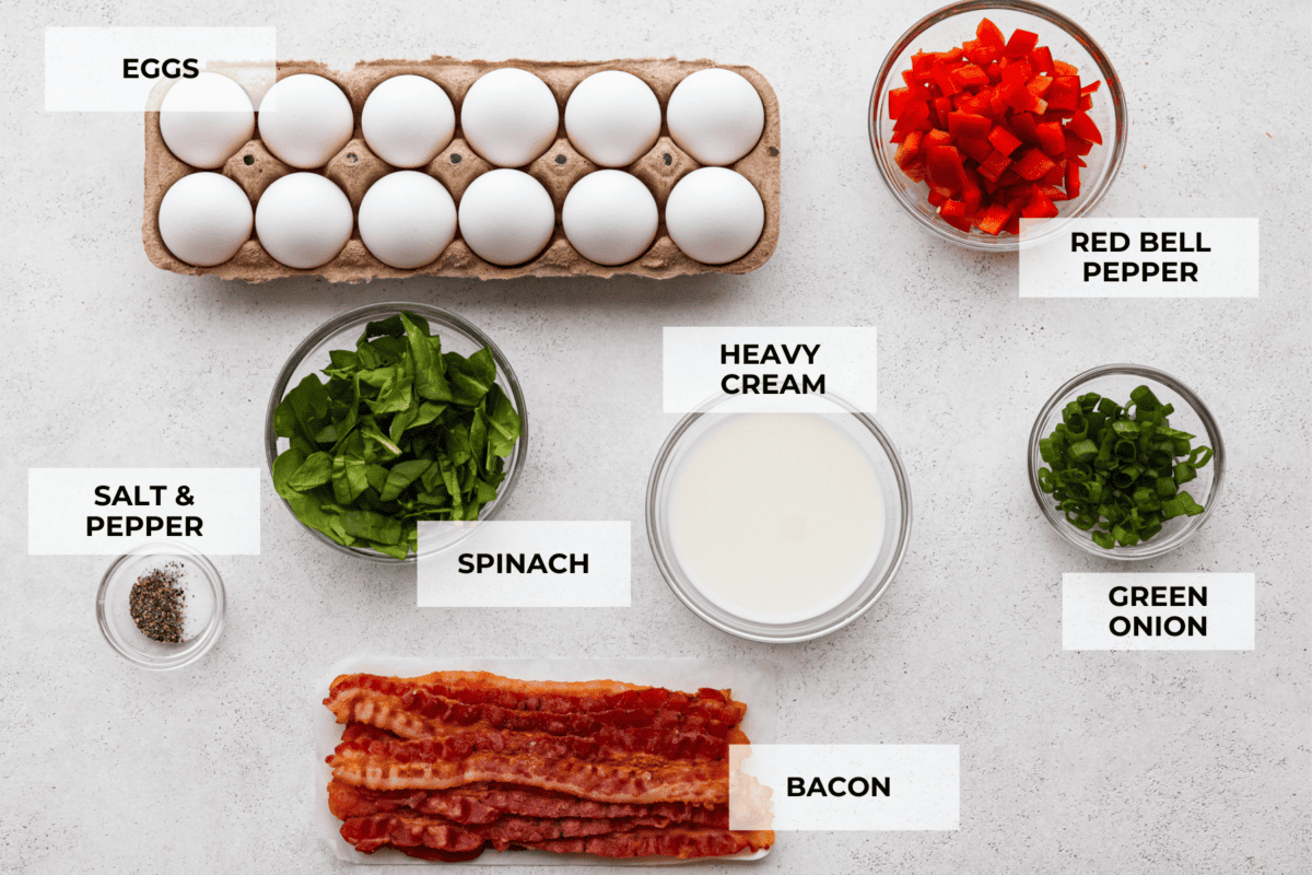 All of the ingredients for making the eggs, along with mix-ins like spinach, red bell peppers, bacon, and green onion.