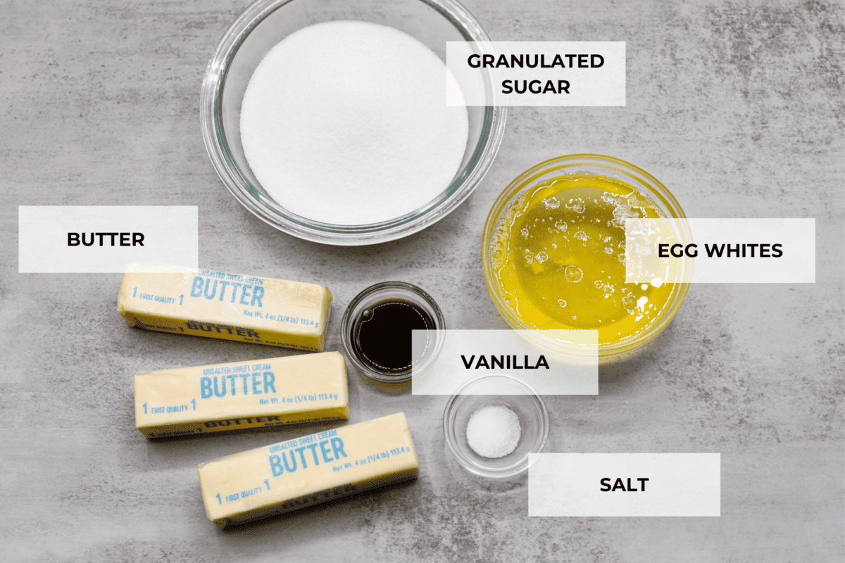 All of the ingredients for the frosting: butter, sugar, salt, vanilla, and egg whites.