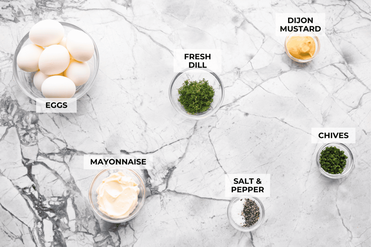 A top down shot of all of the ingredients in individual bowls. 