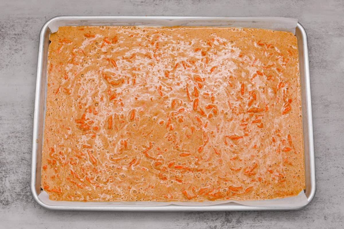 Batter poured into a baking dish.