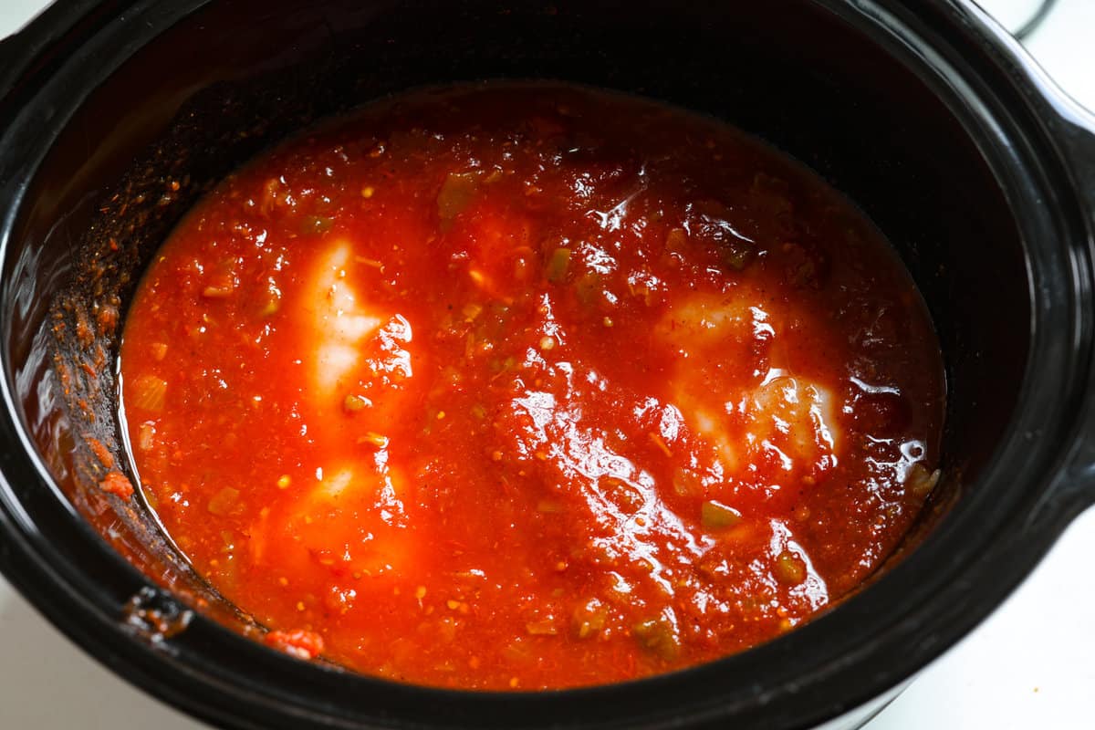 Weeknight dinner made easy with crockpot salsa chicken! Tender flavorful chicken that only takes 5 ingredients to make. It's a versatile recipe the whole family will love! Ingredients cooked and ready to shred or serve.