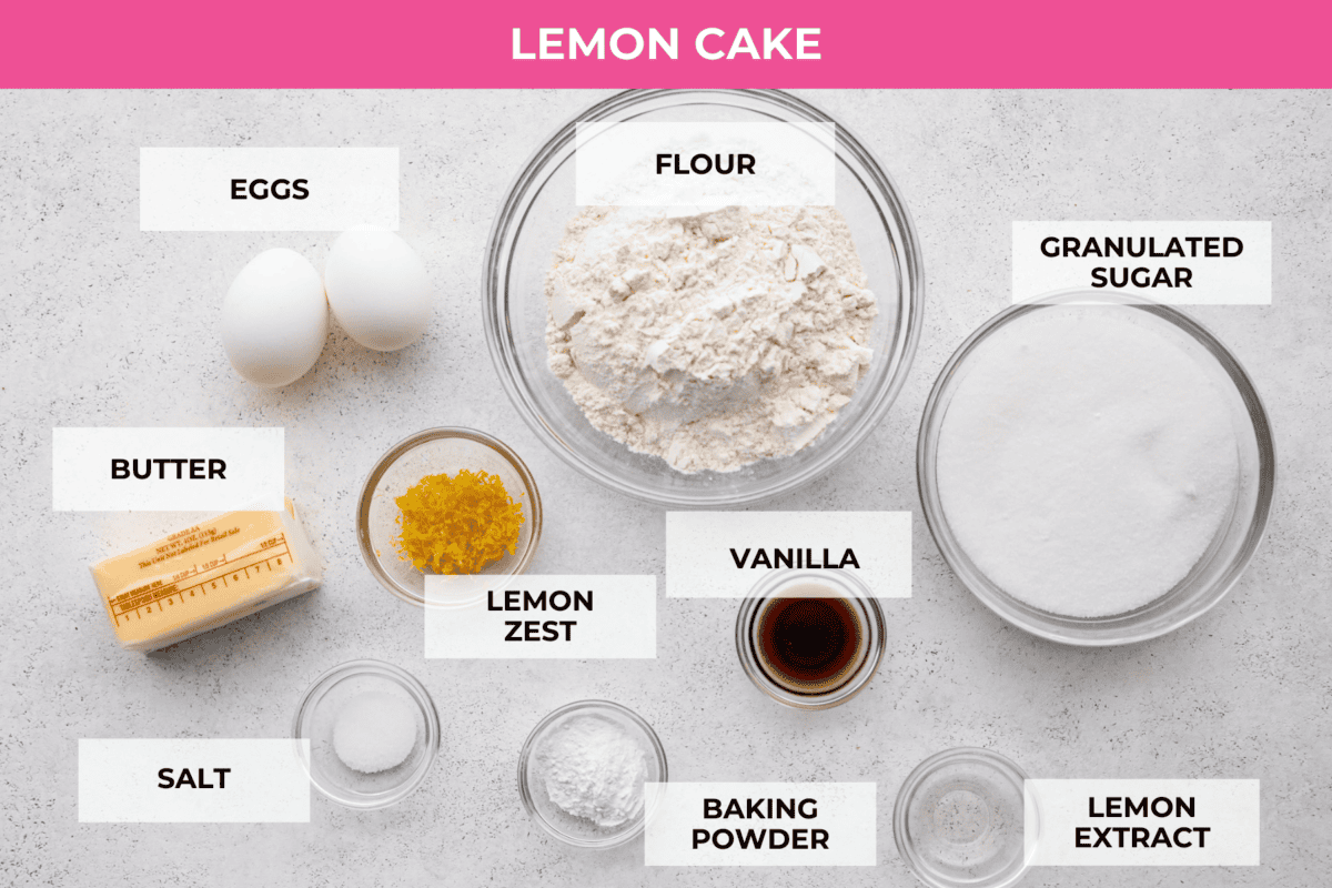 Ingredients labeled to make the cake for the blueberry lemon upside-down cake.