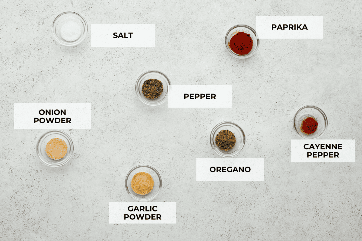 Top view of each ingredient in a small glass bowl and labeled. 