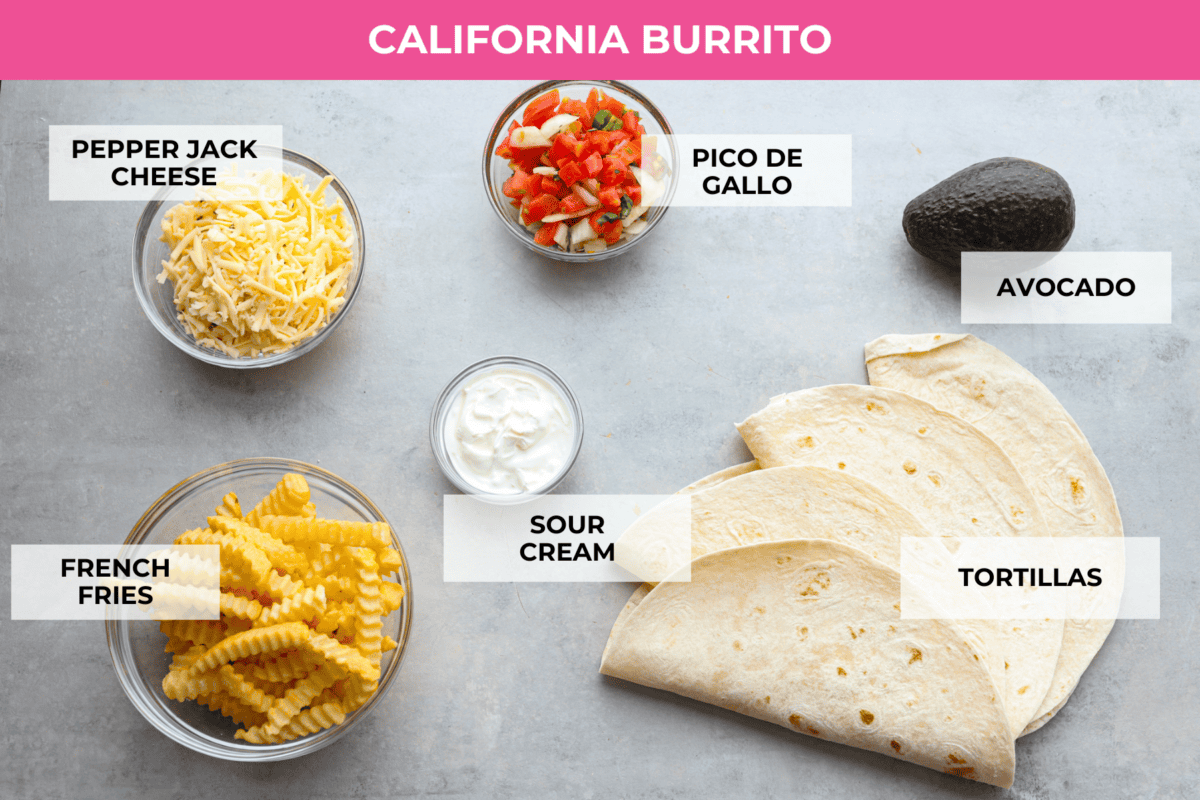 Ingredients for the filling of a California burrito in a top down shot with labels for each ingredient. 