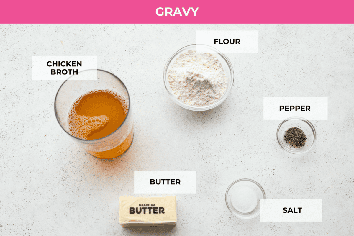 All of the ingredients for the gravy. Listed are: chicken broth, flour, butter, salt, and pepper