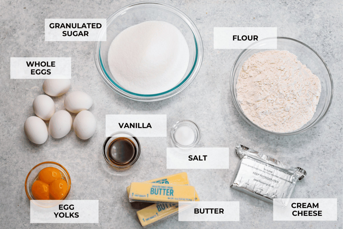 All of the ingredients for cream cheese pound cake. Listed are: sugar, flour, eggs, egg yolks, vanilla, salt, butter, and cream cheese.