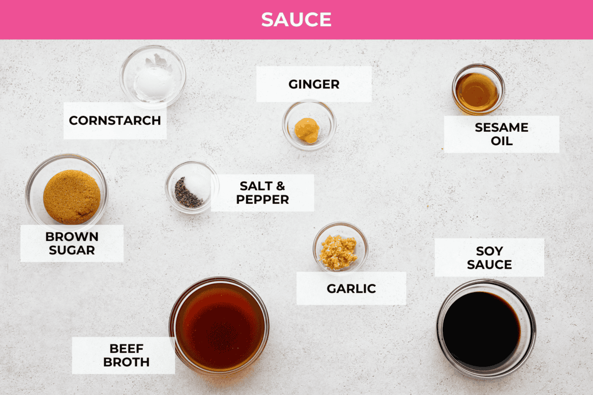 Overhead shot of labeled ingredients for sauce.