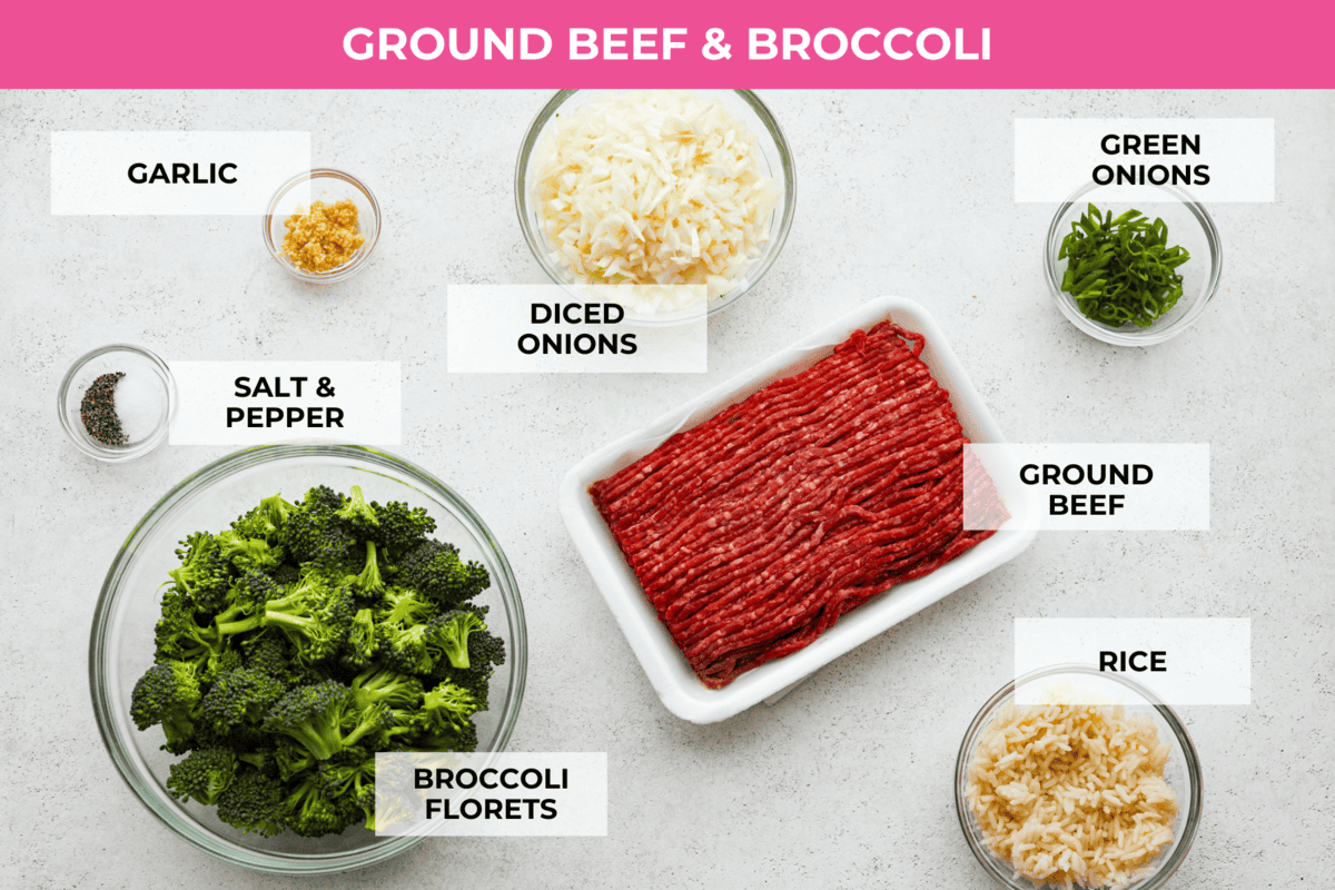 Get ready to enjoy a delicious and easy ground beef and broccoli stir-fry that’s perfect for a quick weeknight dinner. This flavorful dish combines tender broccoli, savory beef, and a rich, tangy sauce, all served over steamed rice for a satisfying meal the whole family will love. Overhead shot of labeled ingredients.