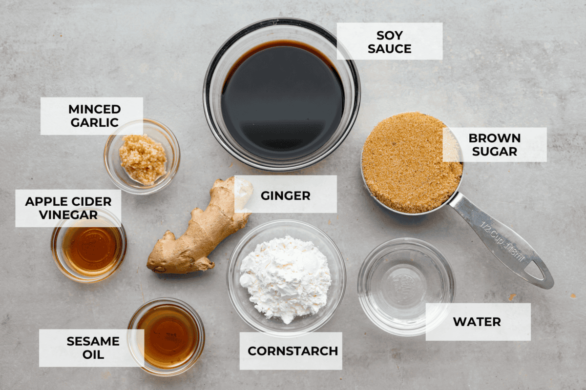 Ingredients laid out individually on the counter and labeled. 
