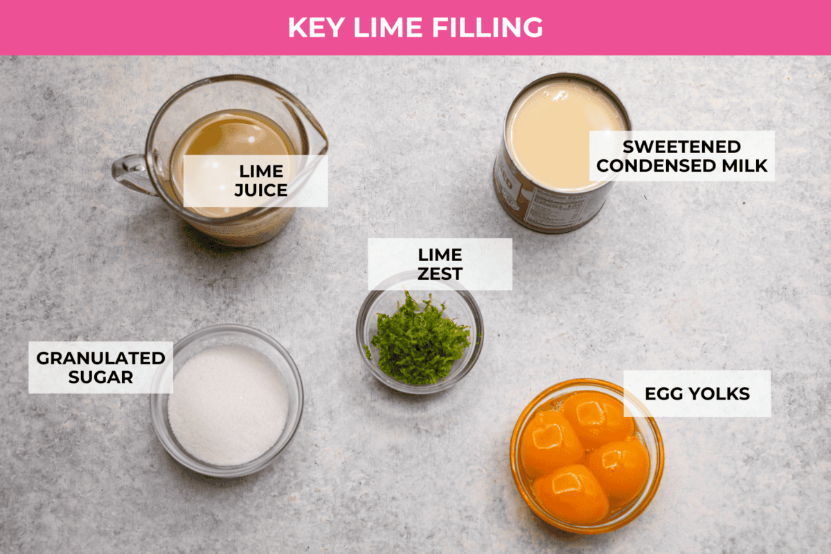 Ingredients labeled to make key lime bars filling.
