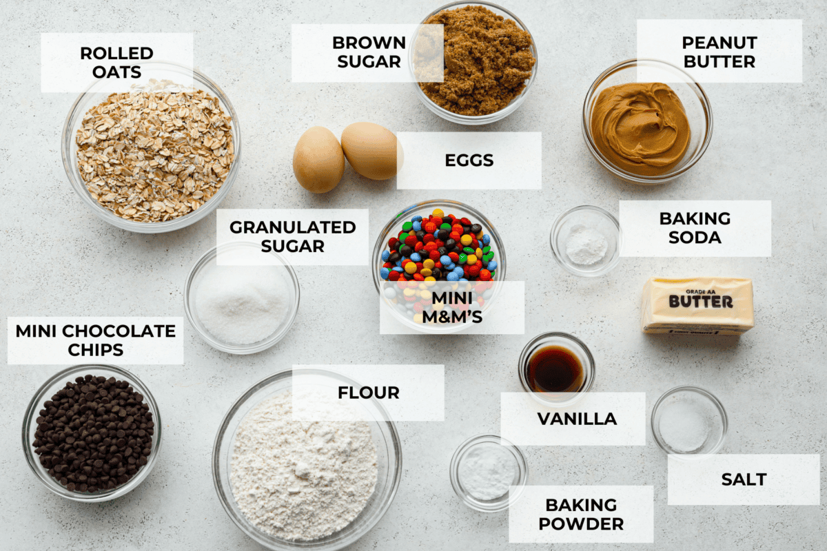 Ingredients labeled to make monster cookies.