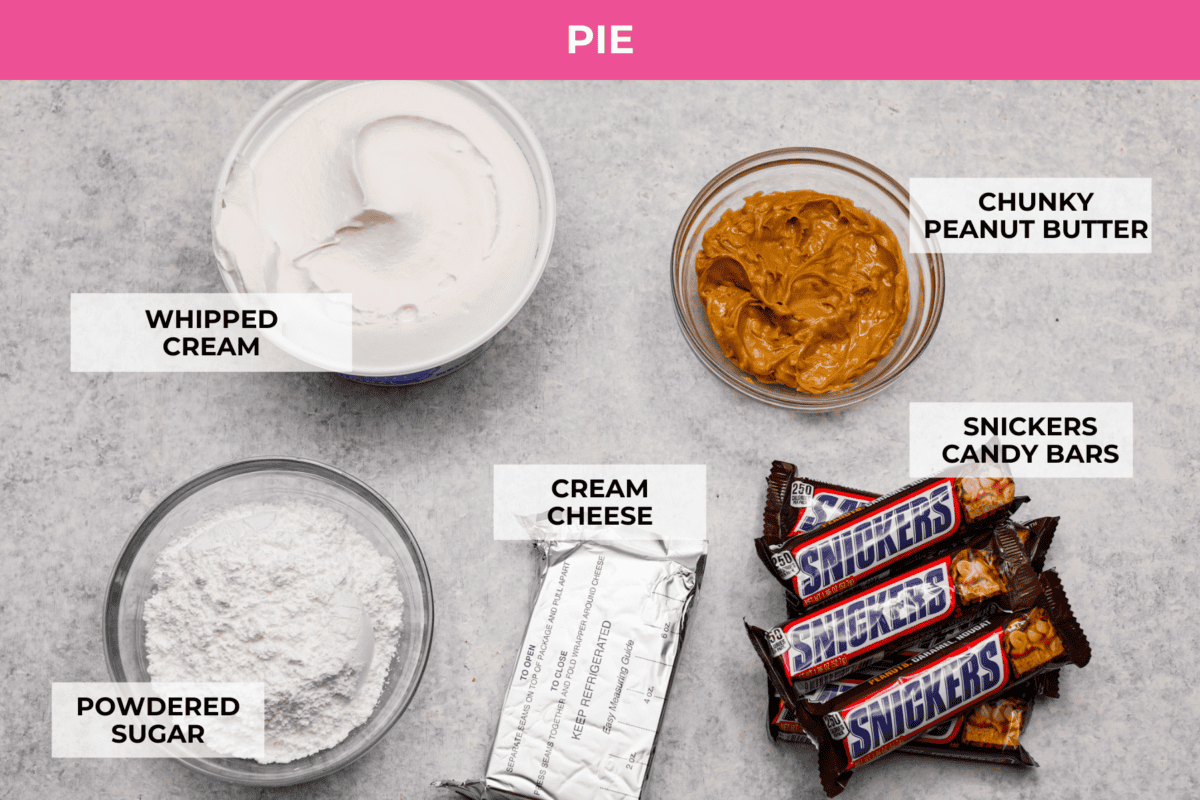 A top view of the ingredients for the pie filling, all individually labeled. 