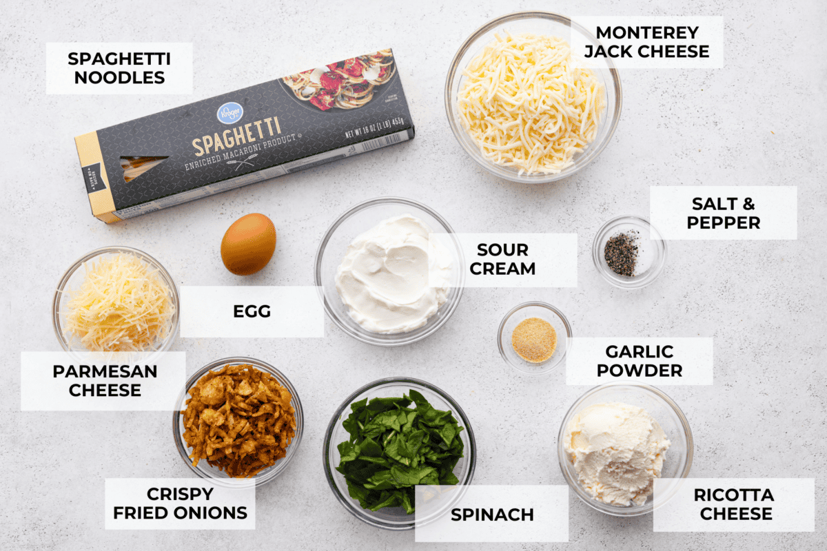 Labeled ingredients for Monterey Spaghetti. 