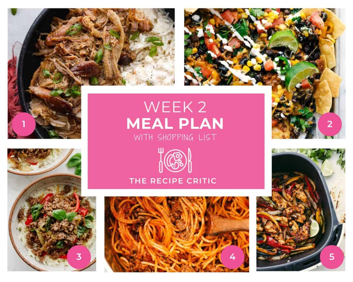 A collage of 5 meals for a weekly menu plan. 